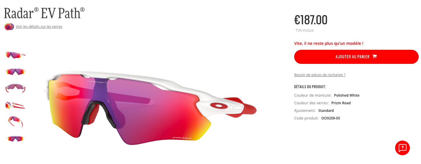 Radar EV Path sur le site de Oakley