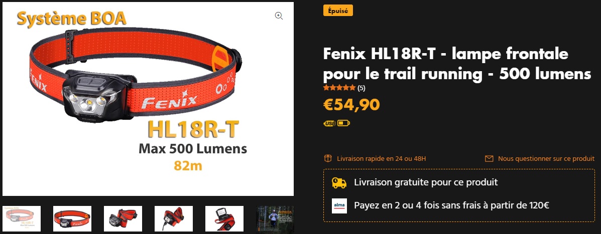 Fenix HL18R-T - frontale pour le trail running - 500 lumens